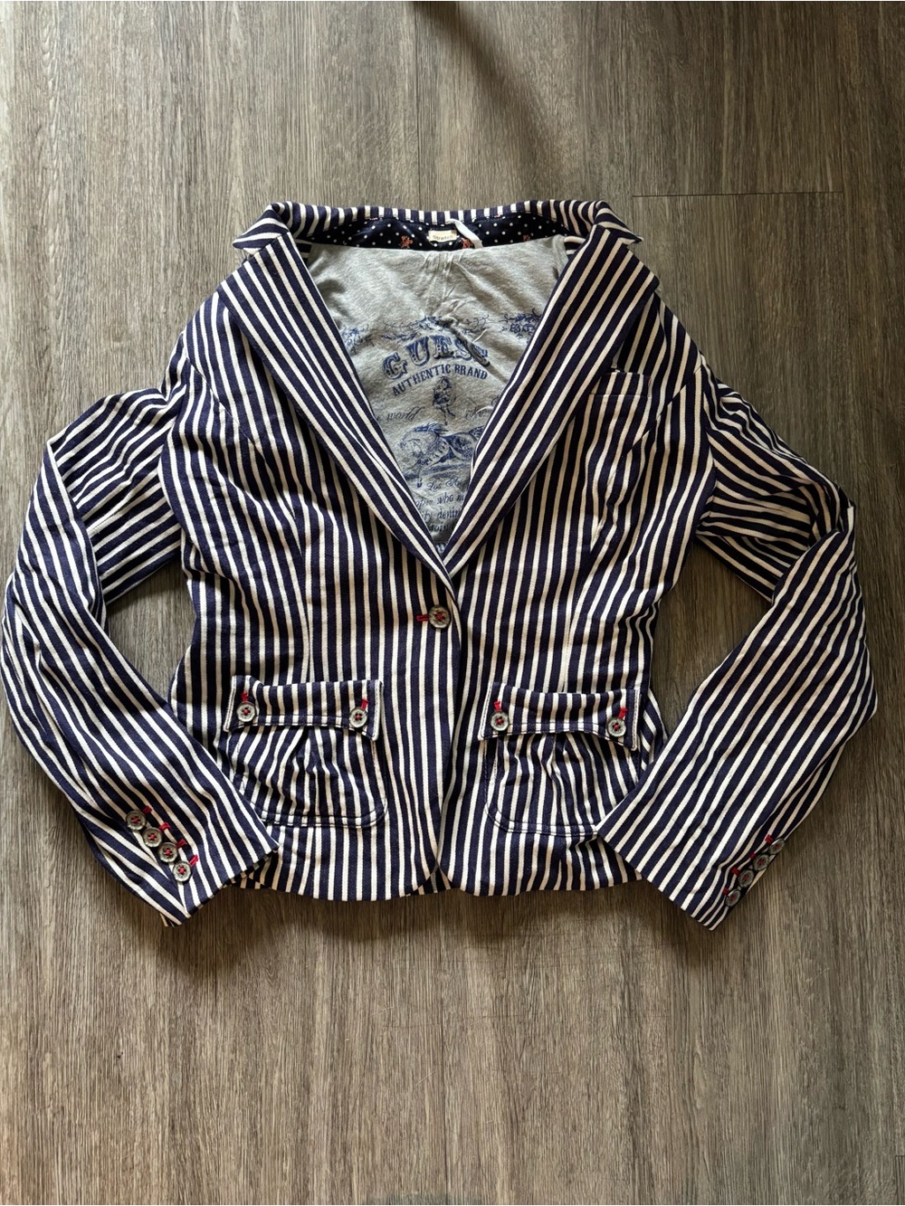 Guess Navy & White Striped Cotton Blazer